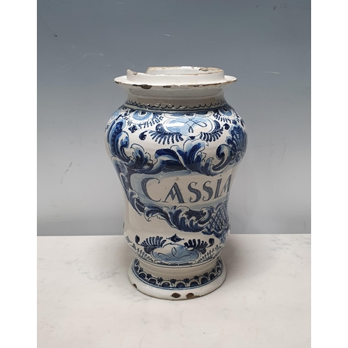 389 - An antique Delft Apothecary Jar, 10 1/2 in H, A/F