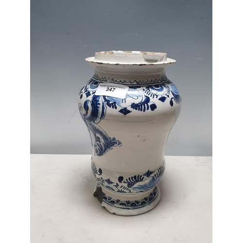 389 - An antique Delft Apothecary Jar, 10 1/2 in H, A/F