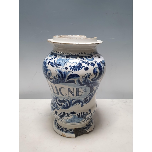 389 - An antique Delft Apothecary Jar, 10 1/2 in H, A/F