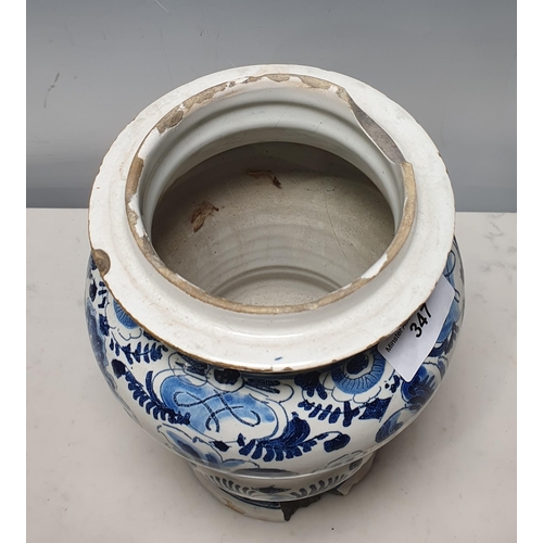 389 - An antique Delft Apothecary Jar, 10 1/2 in H, A/F