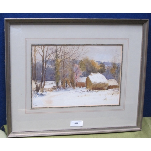 428 - RICHARD WANE. Barns at Winter-time, signed, watercolour, 9 x 15in; a watercolour by George Aikman AR... 