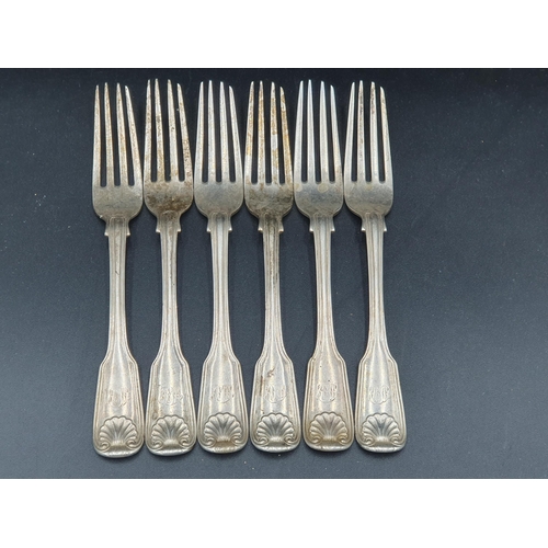 125 - A part set of Victorian silver Cutlery, fiddle thread and shell pattern engraved initials mostly Lon... 