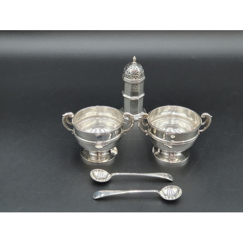 148 - A pair of Victorian silver two handled circular Salts, London 1899, two Spoons, London 1922 and a pe... 