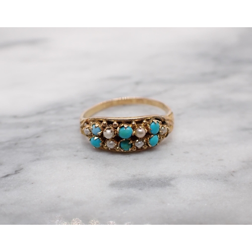 161 - A Turquoise and Seed Pearl Ring set alternating pairs of turquoise and pearls in 15ct gold, ring siz... 