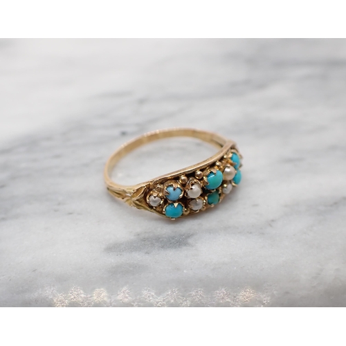 161 - A Turquoise and Seed Pearl Ring set alternating pairs of turquoise and pearls in 15ct gold, ring siz... 