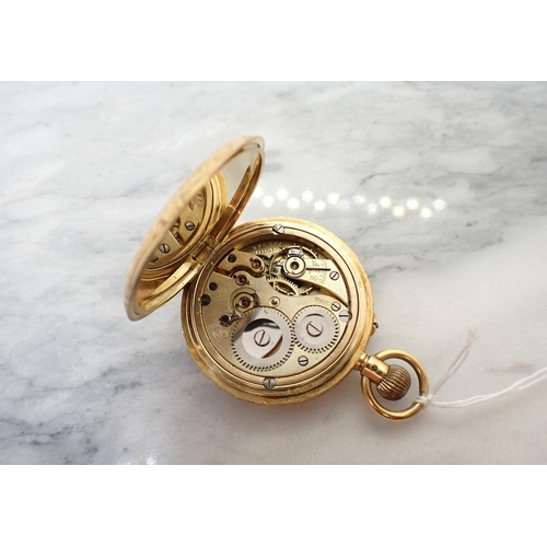 179 - An 18ct gold cased Continental Fob Watch with floral engraved case, case width 34mm, approx 42gms