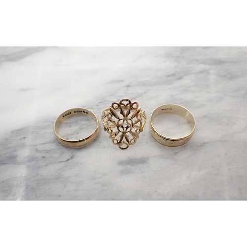 184 - Two 9ct gold Wedding Bands and a 9ct gold Ring with openwork to front, approx 5.70gms all in