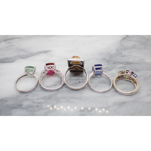 199 - Five Dress Rings stamped 925 set coloured stones