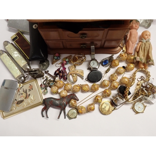 227 - Two miniature Dolls, various Lighters, folding Penknives, Costume Jewellery etc