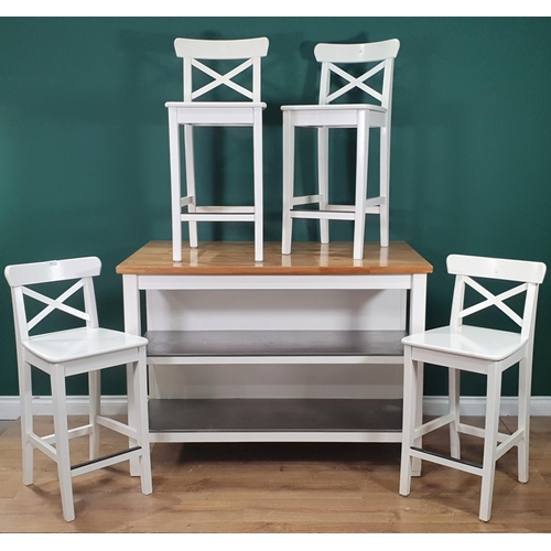 24 - A beech and white painted Breakfast Bar 4ft 1in W x 2ft 11in H with four white painted Stools