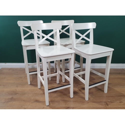 24 - A beech and white painted Breakfast Bar 4ft 1in W x 2ft 11in H with four white painted Stools