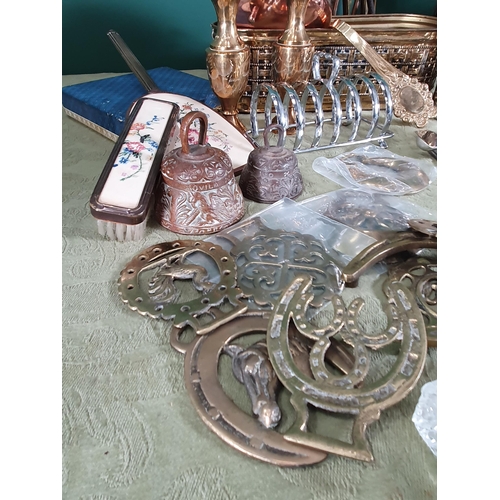 298 - A quantity of brass and plated items including a part Companion Set, Planter, Vases, Cutlery etc