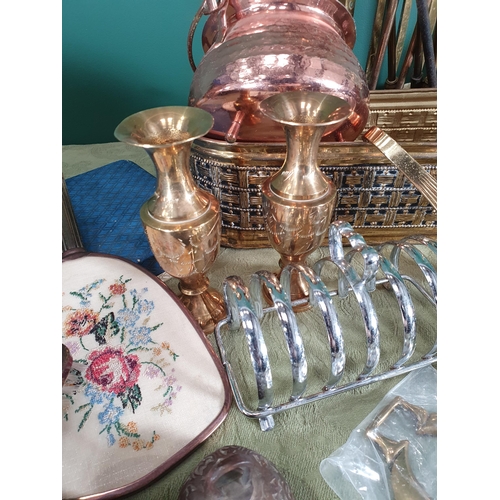 298 - A quantity of brass and plated items including a part Companion Set, Planter, Vases, Cutlery etc