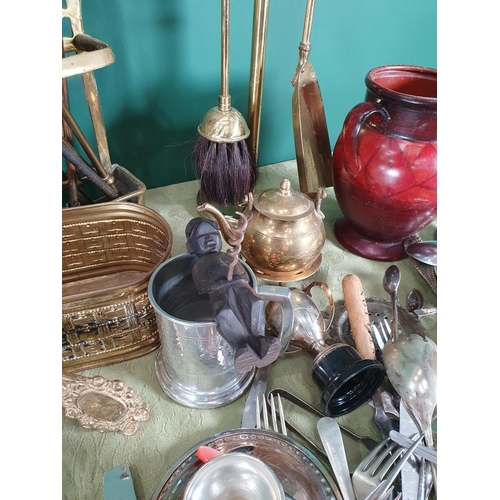 298 - A quantity of brass and plated items including a part Companion Set, Planter, Vases, Cutlery etc