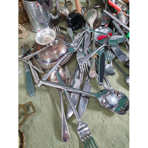 298 - A quantity of brass and plated items including a part Companion Set, Planter, Vases, Cutlery etc