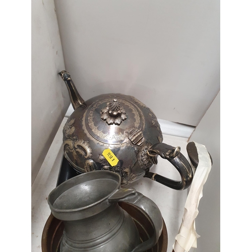 308 - A copper Warming Pan, a copper Watering Can, a Planter, silver plated Teapot and a pewter Tankard