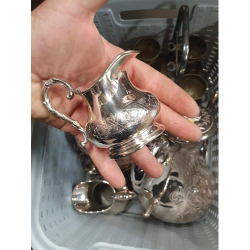 311 - Box of silver plated items including Card Tray, Egg Cups on stand, Teapot and a small quantity of Co... 