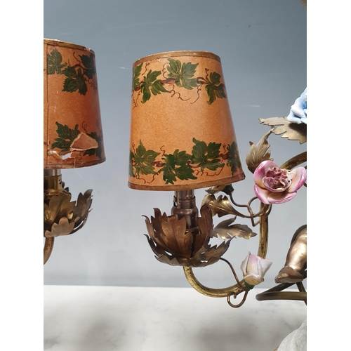 316 - A pair of three branch Table Lamps with trailing rose design and cherub figural support 13in W x 12i... 