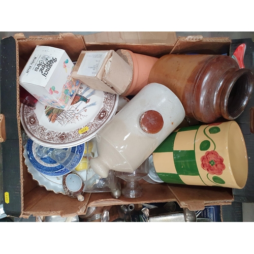 318A - Three Boxes containing plated Cutlery, Tankards, stoneware Jar, Hotwater Bottle, plates etc