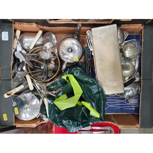 318A - Three Boxes containing plated Cutlery, Tankards, stoneware Jar, Hotwater Bottle, plates etc