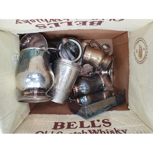 318A - Three Boxes containing plated Cutlery, Tankards, stoneware Jar, Hotwater Bottle, plates etc