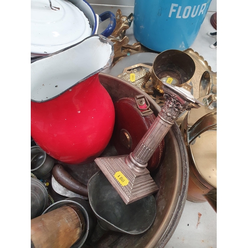 324 - A blue enamel Flour Bin, a white enamel Bin, a copper Watering Can, Jam Pan, brass Figure of a cat, ... 