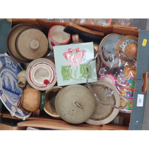 332 - Four Boxes containing and end of day glass model of a Fish, 23in L, Vases, Dinner Plates, Utensils, ... 