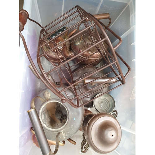 334 - A quantity of copper and brassware including Kettles, small Jam Pan, wine bottle Carrier, a brass mo... 