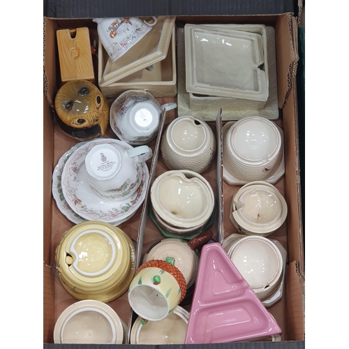 343 - Three Boxes including a collection of Honey Pots, various Mugs, Tureen etc