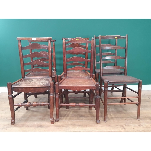 37 - A set of three antique ash ladder back country Chairs, another similar and two other ladder back Cha... 