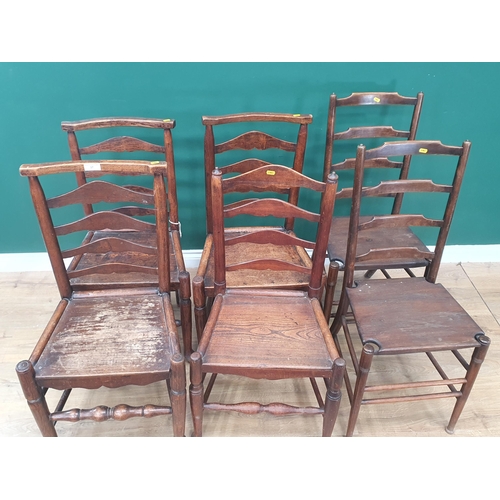 37 - A set of three antique ash ladder back country Chairs, another similar and two other ladder back Cha... 