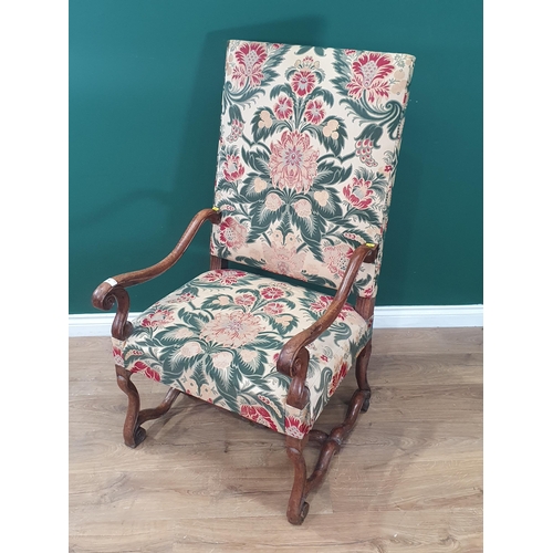 38 - A walnut framed Carolean style open Elbow Chair with cream and green floral upholstery 3ft 11in H x ... 