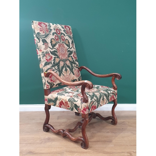 38 - A walnut framed Carolean style open Elbow Chair with cream and green floral upholstery 3ft 11in H x ... 