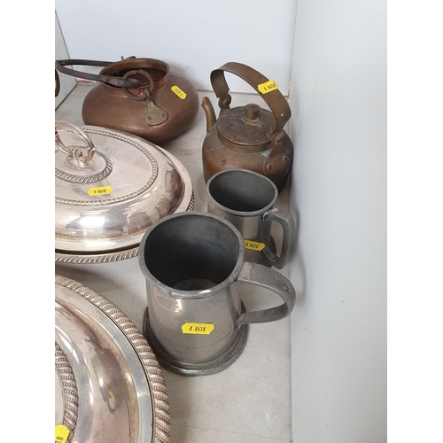 382 - Two plated Entree Dishes and Covers, two pewter Mugs, a brass Kettle and a copper Cooking Pot