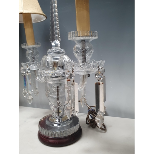 387 - A pair of glass two branch Table Lamps with central tapering finials, 18in H, failed PAT