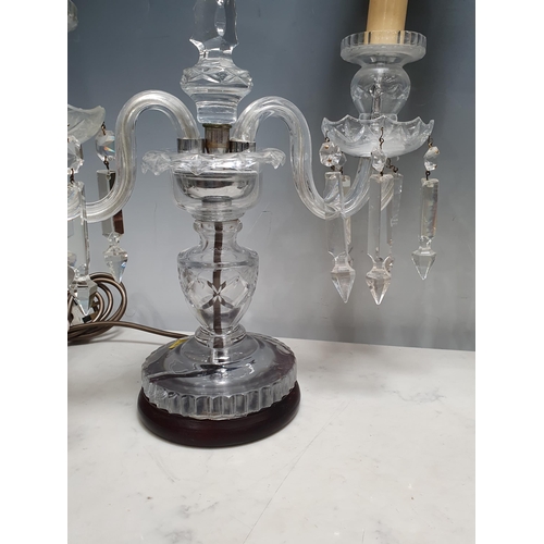 387 - A pair of glass two branch Table Lamps with central tapering finials, 18in H, failed PAT