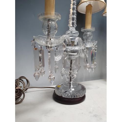 387 - A pair of glass two branch Table Lamps with central tapering finials, 18in H, failed PAT