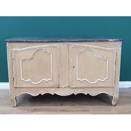 41 - An antique French cream painted Cupboard with grey painted top fitted pair of shaped fielded doors o... 