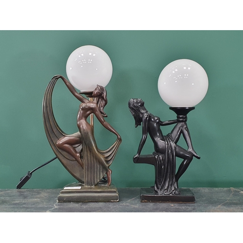 43 - Two art Deco style Table Lamps in the form of female nudes with opaque glass shades, passed PAT, fus... 