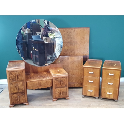 461 - An Art Deco walnut veneered Bedroom Suite comprising Dressing Chest, pair of Bedside Chests and a do... 