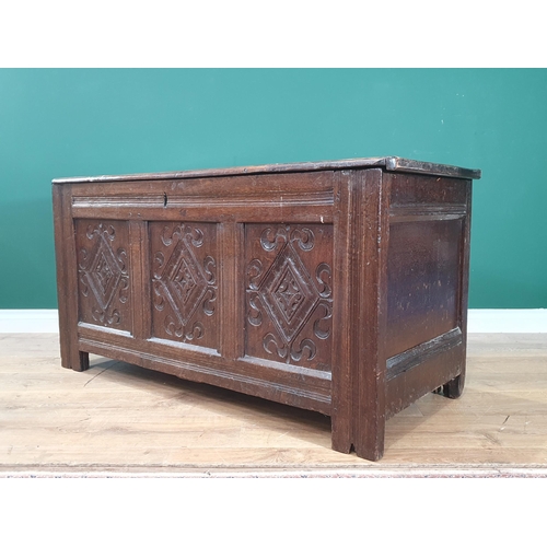 464 - A 17th Century joined oak Coffer with lozenge carved three panel front 4ft W x 2ft 1in H