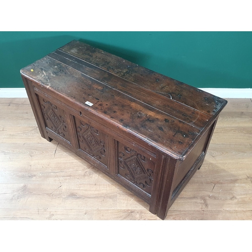 464 - A 17th Century joined oak Coffer with lozenge carved three panel front 4ft W x 2ft 1in H