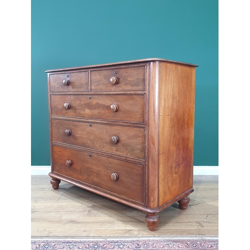 467 - A Victorian flame mahogany Chest of two short and three long drawers raised on turned feet 4ft W x 3... 