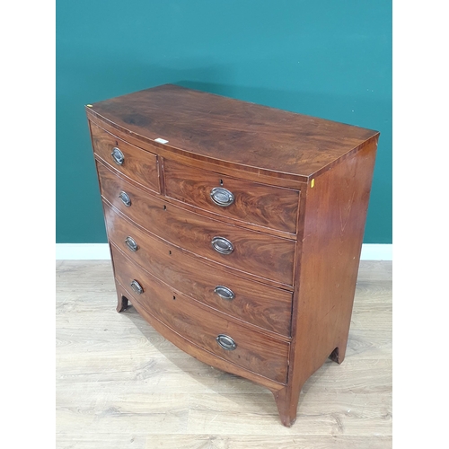 470 - A 19th Century mahogany bow fronted Chest of two short and three long drawers on splayed feet 3ft 5i... 