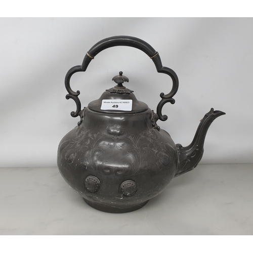 49 - A Pewter Sifter of urn shape with acorn finial, 7in, London made, a Tea Kettle & Teapot