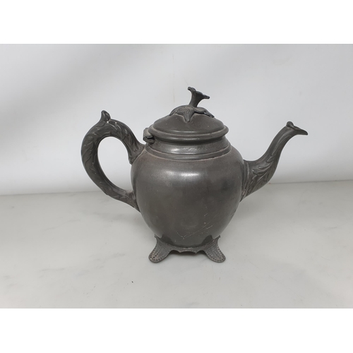 49 - A Pewter Sifter of urn shape with acorn finial, 7in, London made, a Tea Kettle & Teapot