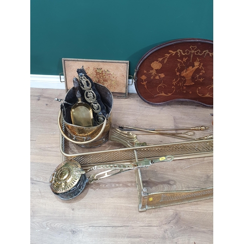 497 - A 19th Century mahogany and satinwood inlaid kidney shaped Tray, a brass Chestnut Roaster, copper Co... 