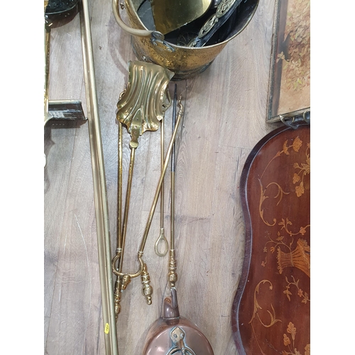 497 - A 19th Century mahogany and satinwood inlaid kidney shaped Tray, a brass Chestnut Roaster, copper Co... 