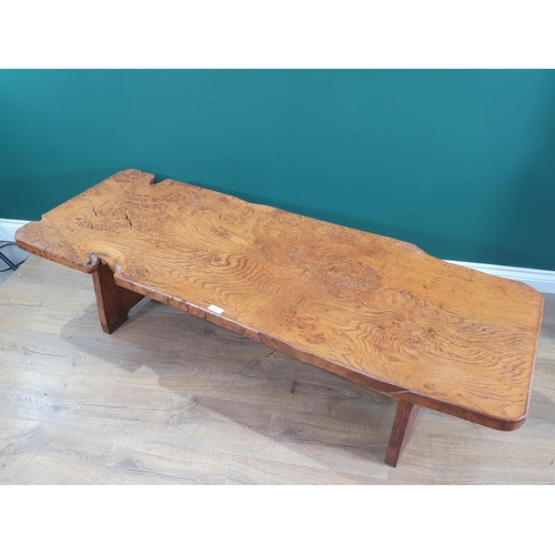 5 - A burr oak Coffee Table, the single piece top on shaped supports united by central stretcher, 1ft 6