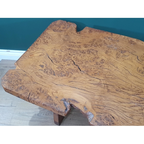 5 - A burr oak Coffee Table, the single piece top on shaped supports united by central stretcher, 1ft 6